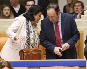 Concha Arruga y Pedro Sanz, durante el pleno del Parlamento del pasado jueves. Foto de Juan Marín
