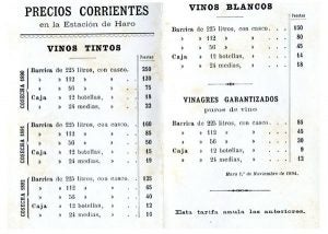 Listado antiguo de precios de bodegas La Rioja Alta